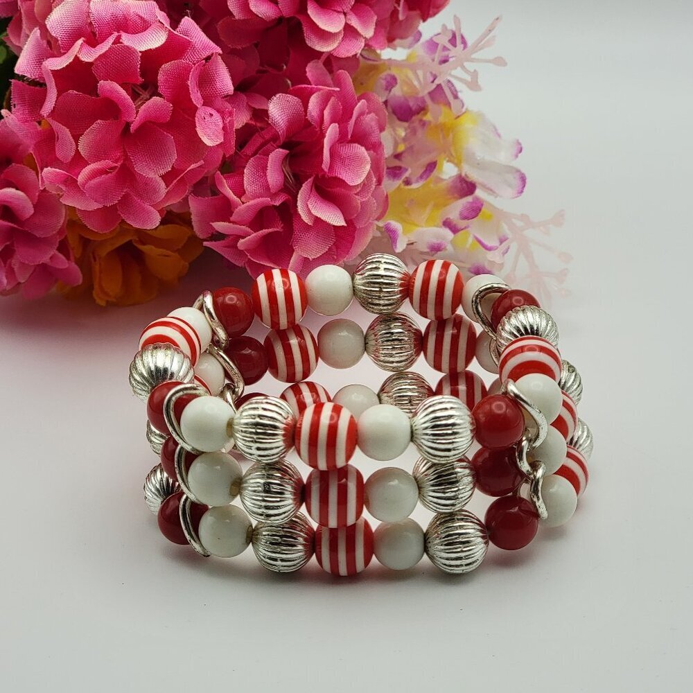 Red and White 3-Row Stretch Bracelet Silver Tone Beaded Bracelet 7" Adj. Retro